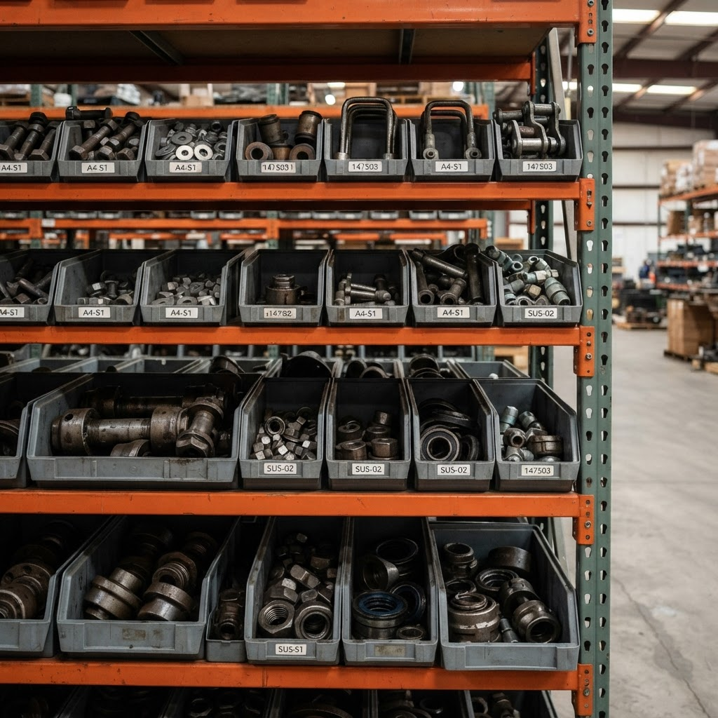 Steel shelving in a truck parts warehouse holding suspension and axle components